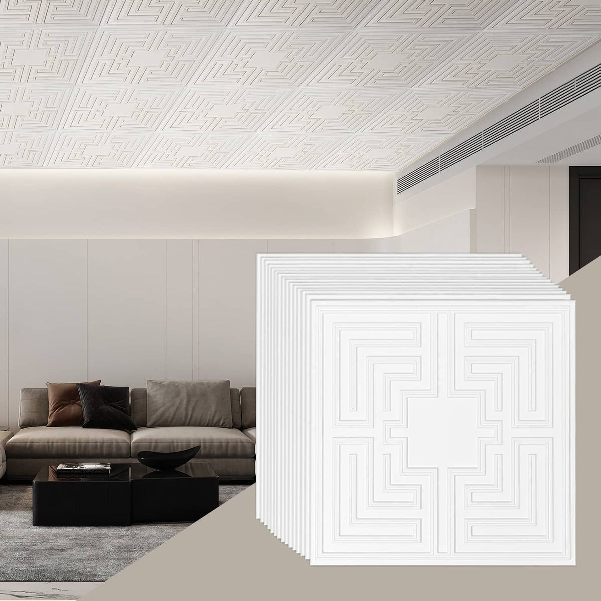 White PVC ceiling tile with repeating echo geometric pattern, 24x24 in square