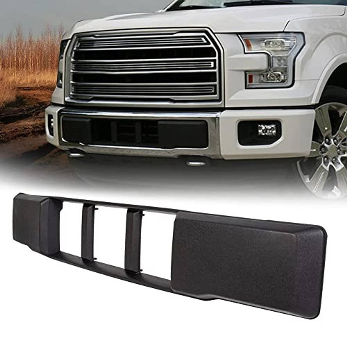 Front bumper lower grille trim panel, black textured face with grille slat cutouts