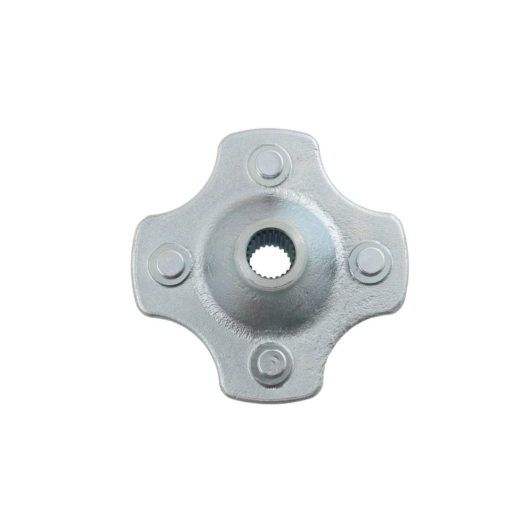 Rear wheel hub flange with splined opening and four bolt holes, steel finish