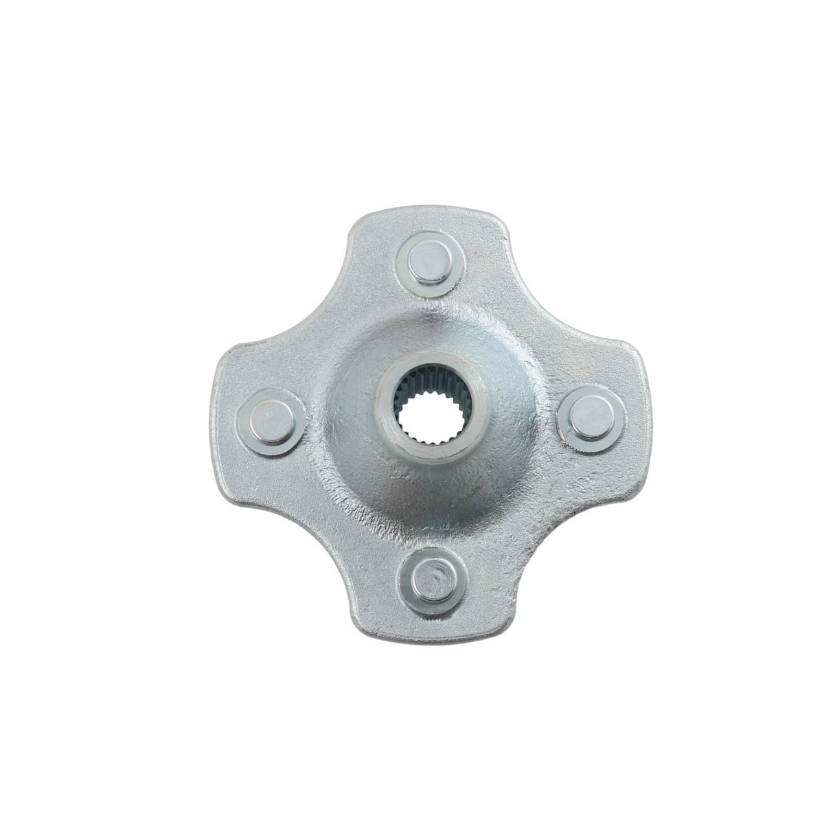 Rear wheel hub flange with splined opening and four bolt holes, steel finish