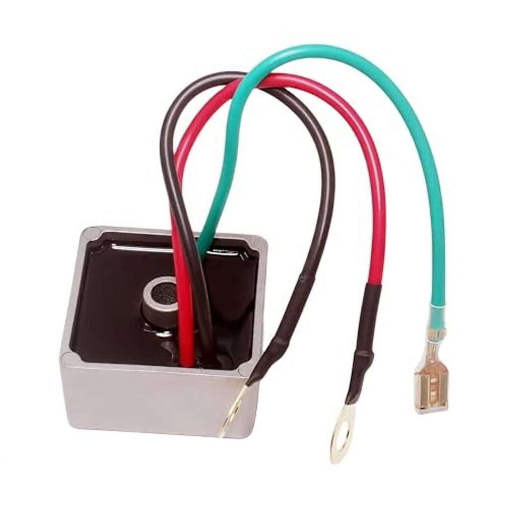 Voltage regulator rectifier with colored wire leads, ring terminals, and mounting block
