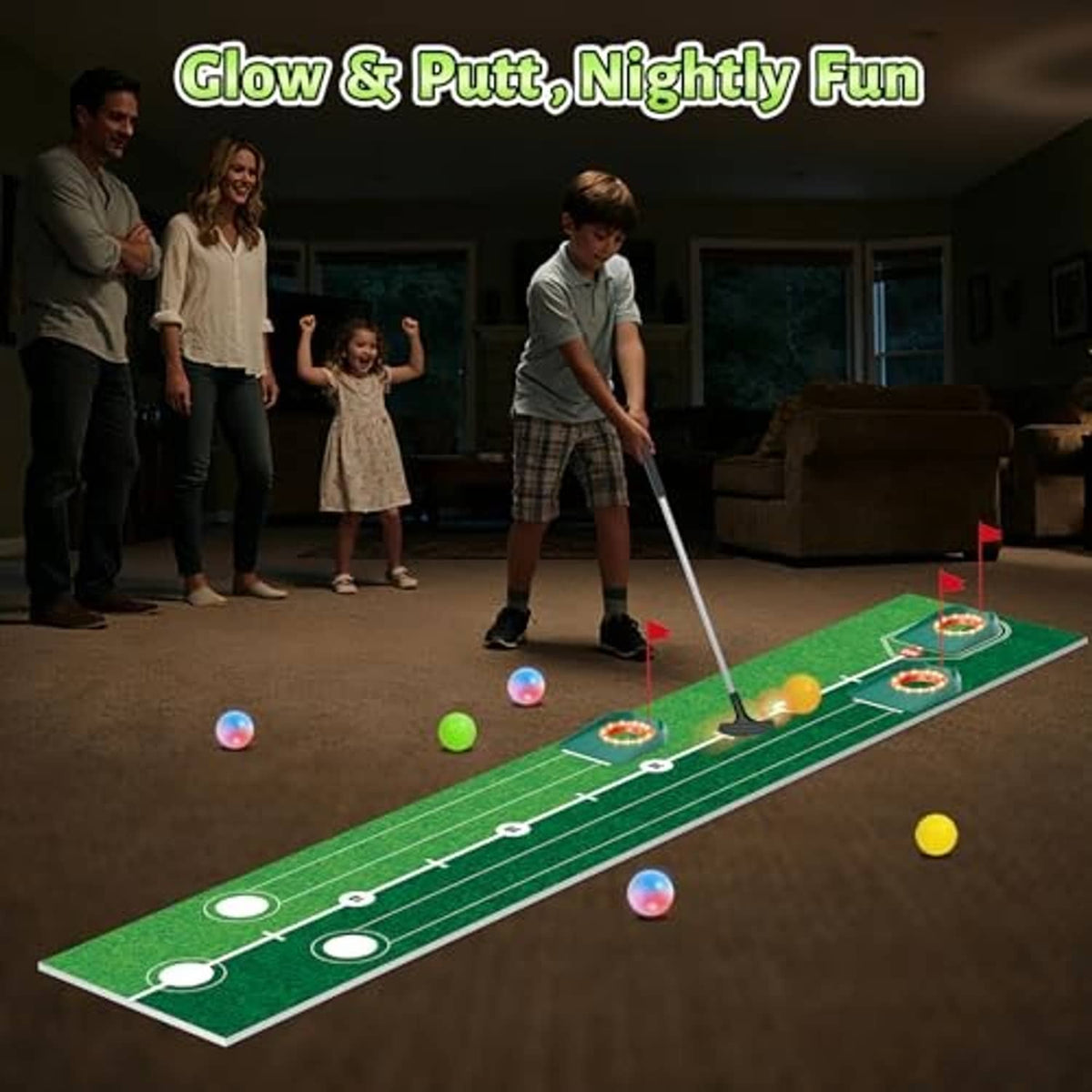Night glow golf putting set with green mat, putter, and glowing balls on course