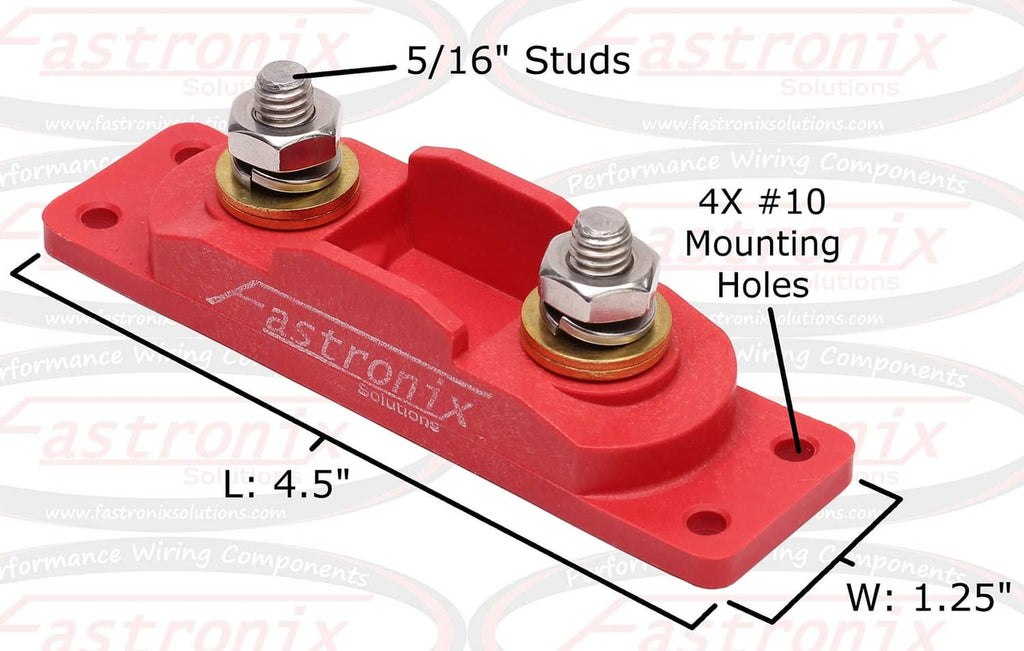 Red mega fuse holder base with two 5/16 stud terminals and mounting holes.