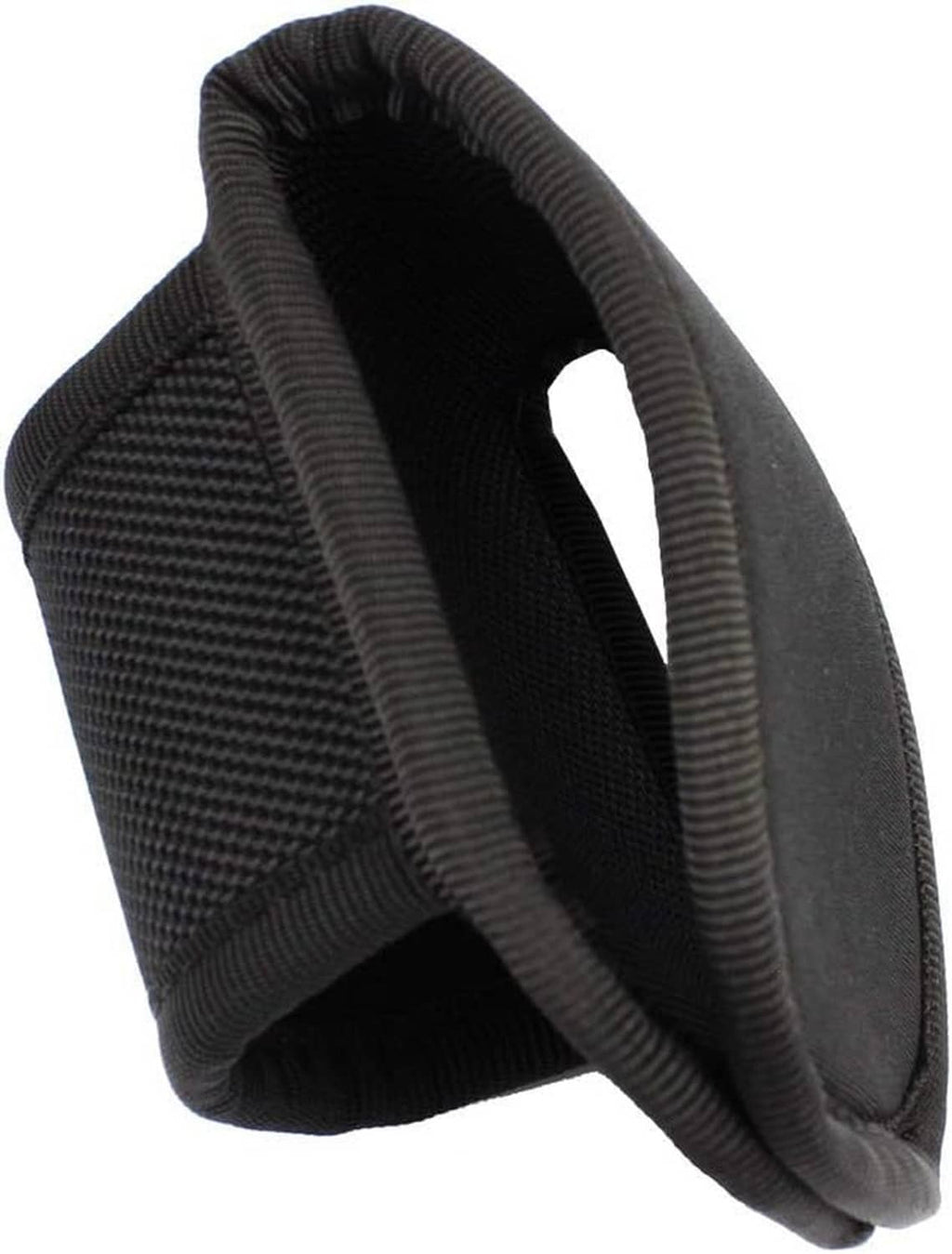Black flashlight pouch side view with open top and woven fabric construction
