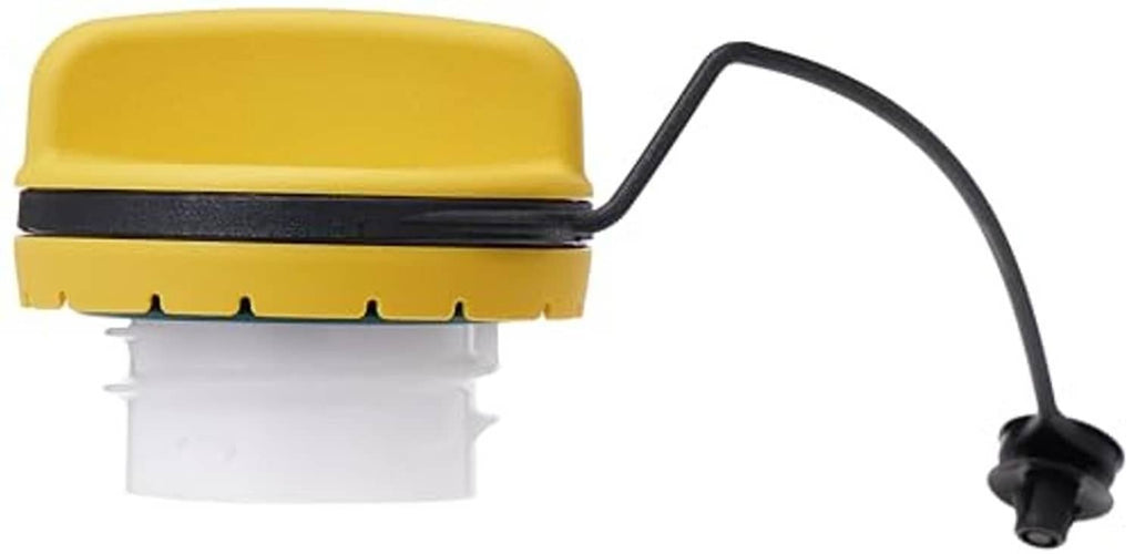 Yellow fuel tank filler cap with black rubber gasket and vent hose