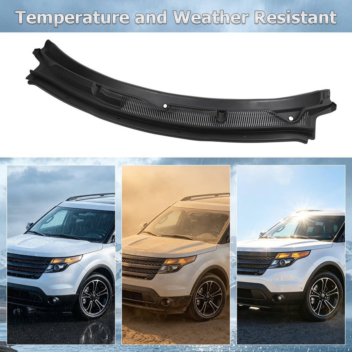 Black weather-resistant wiper cowl grille panel with vent channels and mounting holes