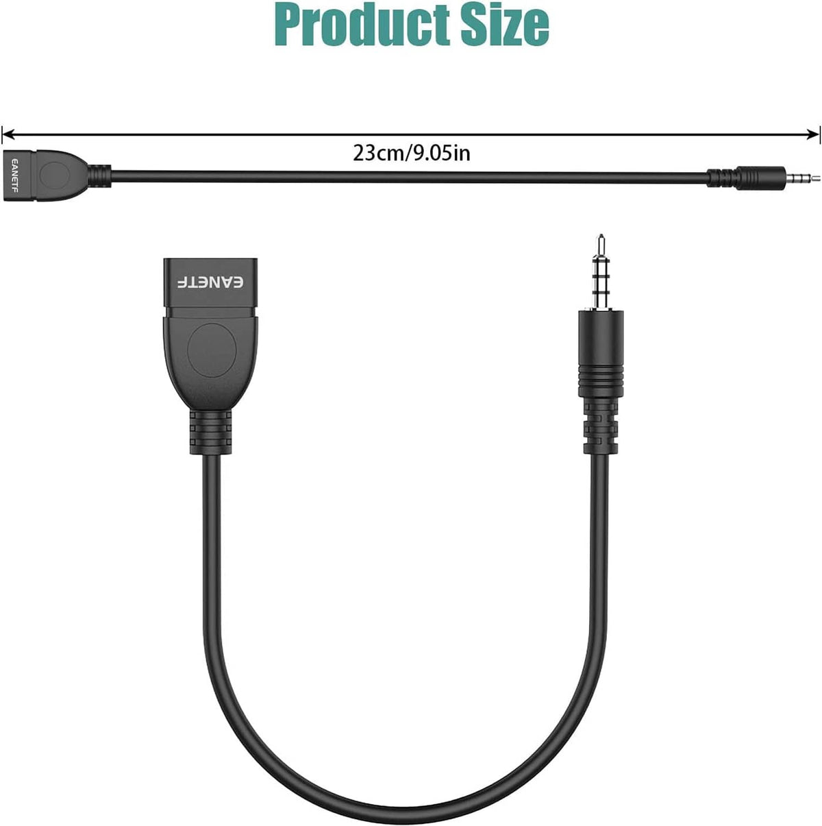 USB-female to 3.5mm AUX audio adapter cable, dual-end connectors with measured length