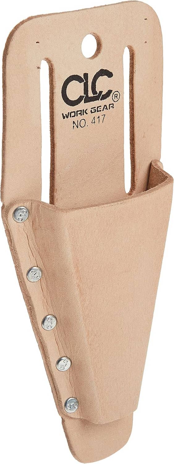 Tan leather pliers tool holder with CLC WORK GEAR logo, open slots, and side rivets