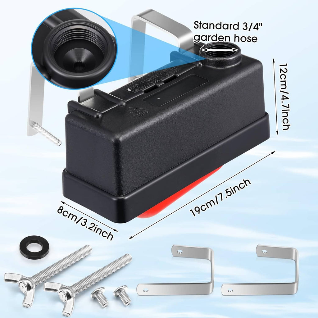 Black water tank float valve with standard 3/4in garden hose adapter and bracket