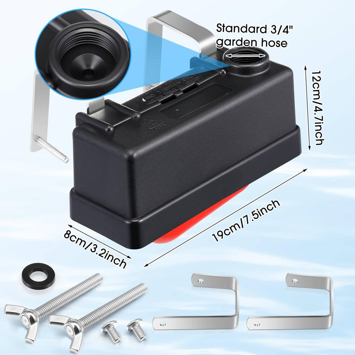 Black water tank float valve with standard 3/4in garden hose adapter and bracket