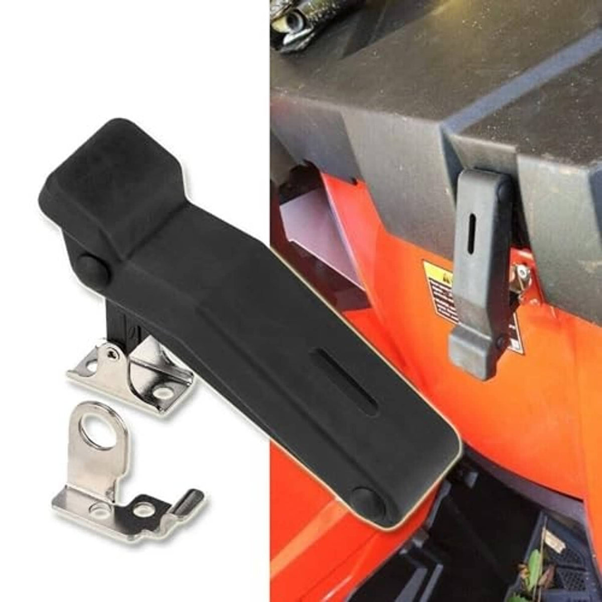 Black rubber latch installed with metal keeper on an orange cooler