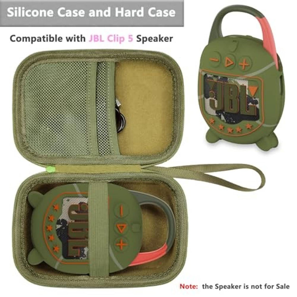 Olive green hard case plus silicone cover compatible with JBL Clip 5, wrist strap.