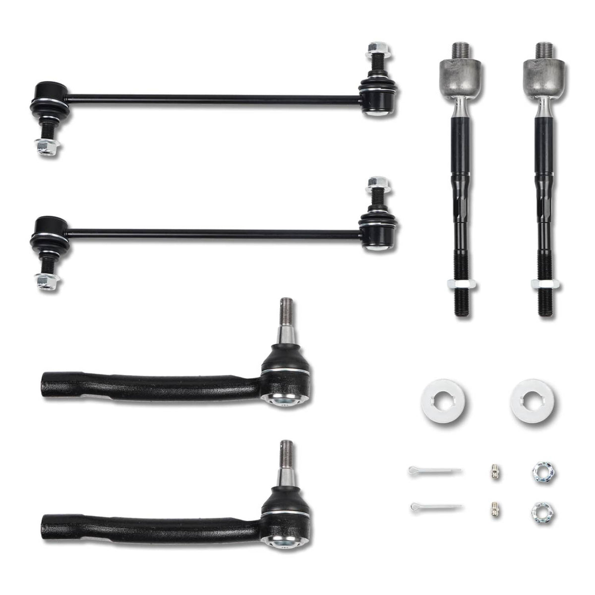 Sway bar end link kit with black links, bushings, and included bolts and washers