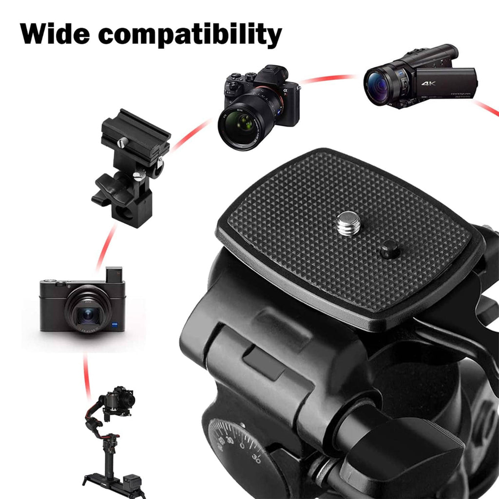 Mounted quick release plate on tripod head, textured black plate with locking screw