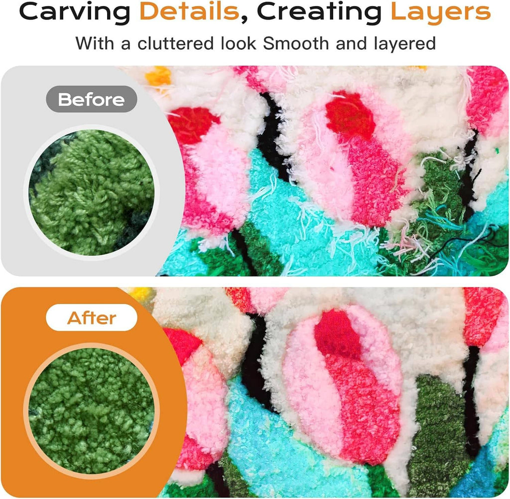 Colorful tufted rug surface before-and-after, showing carved layers and texture