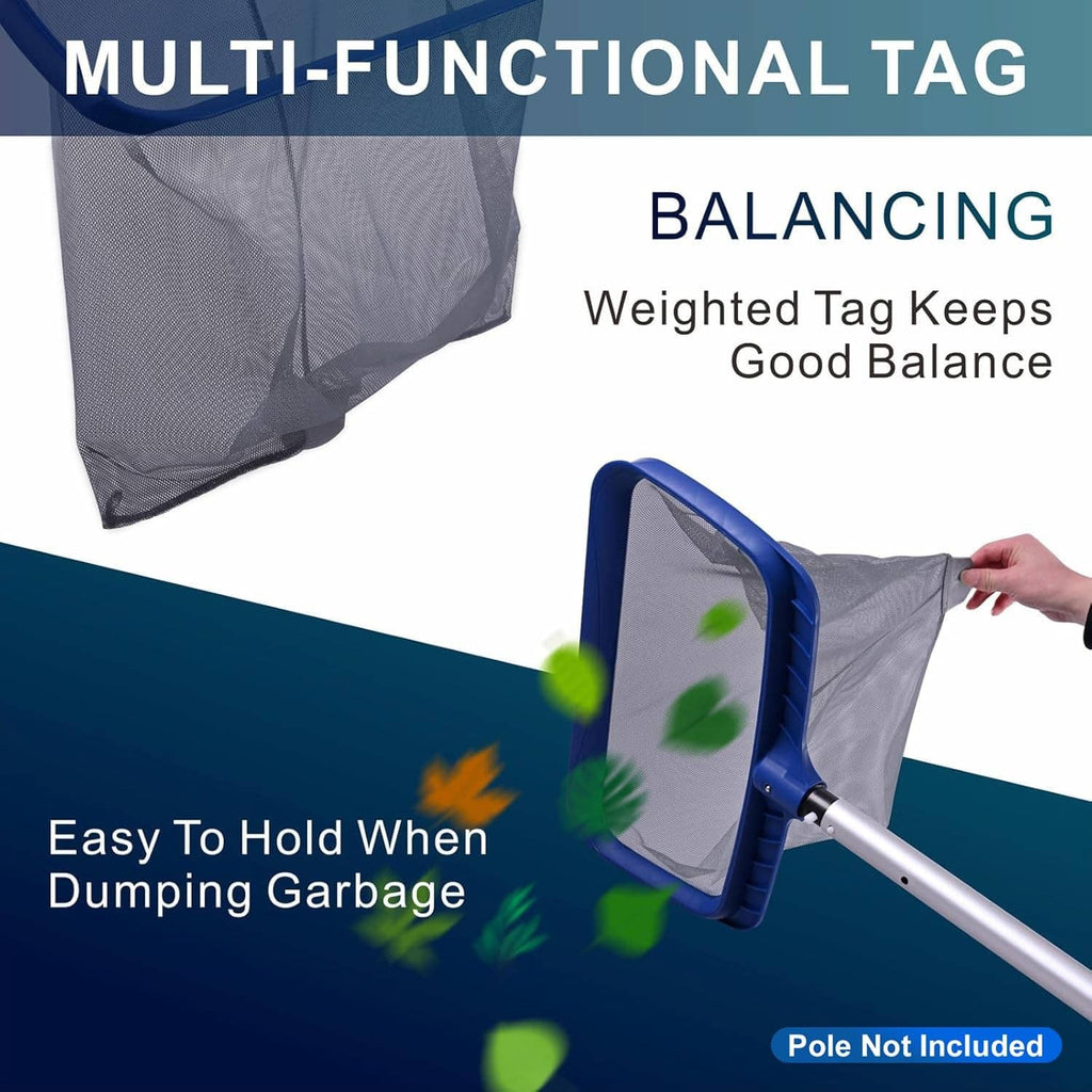 Deep pool skimmer net with gray mesh bag and navy frame on extended pole