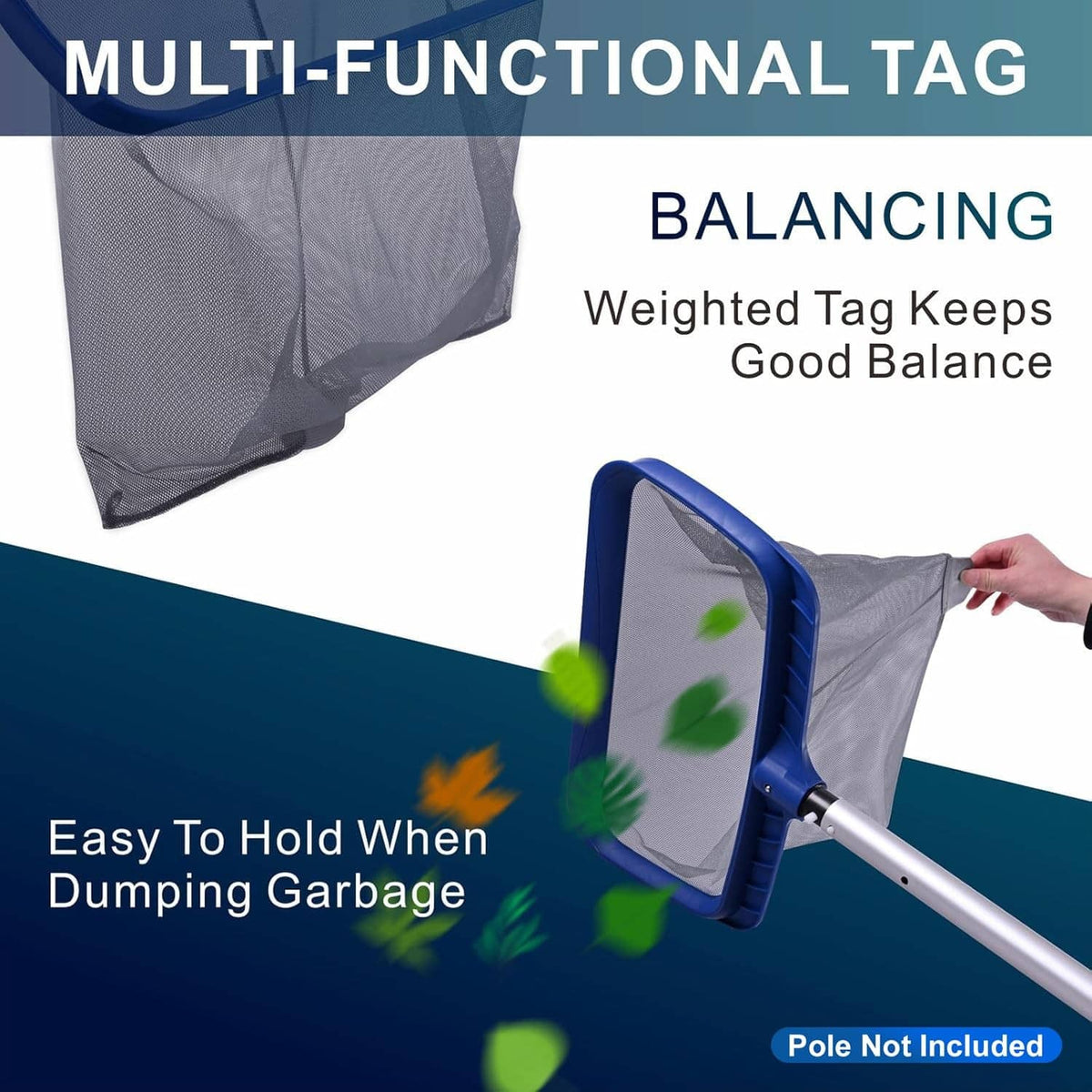 Deep pool skimmer net with gray mesh bag and navy frame on extended pole
