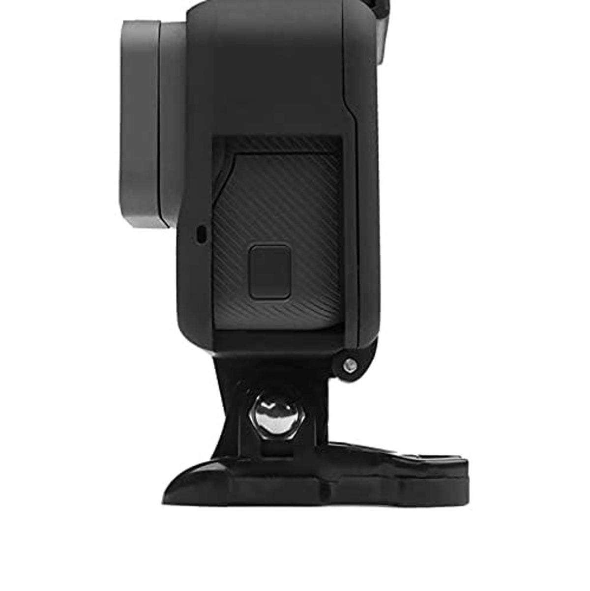 Black action camera frame housing back with textured panel and mounting base knob