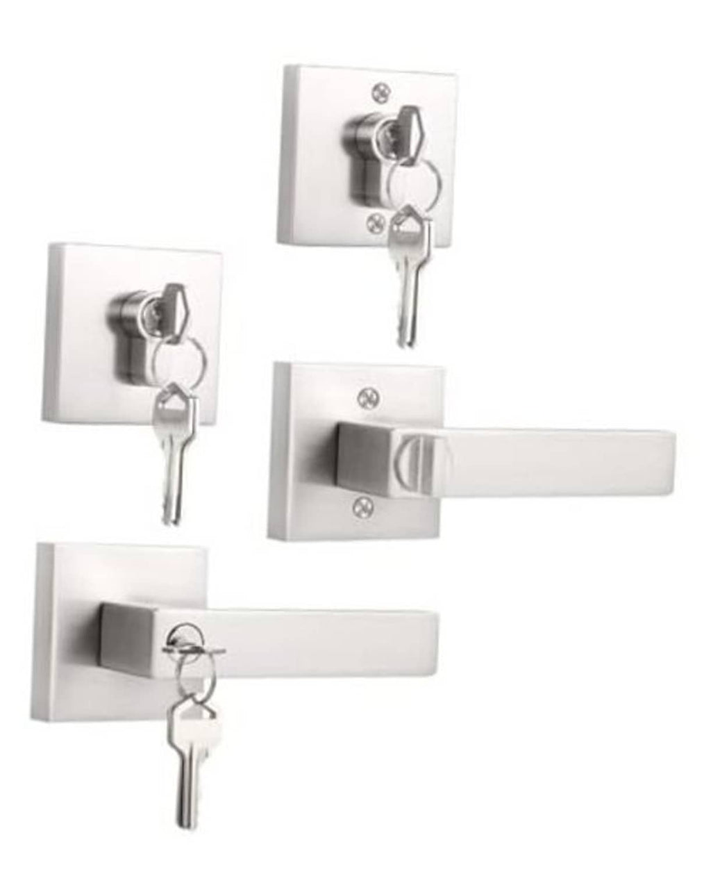 Brushed nickel double-cylinder deadbolt with keyed entry lever and keys