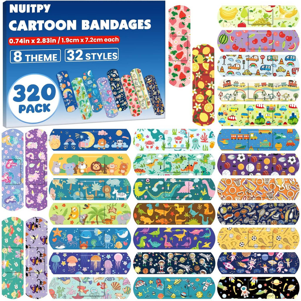 320-pack kids cartoon bandages in assorted themes, shown on colorful strips