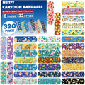 320-pack kids cartoon bandages in assorted themes, shown on colorful strips