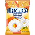Orange-flavored mint candy bag with white donut-shaped individually wrapped mints