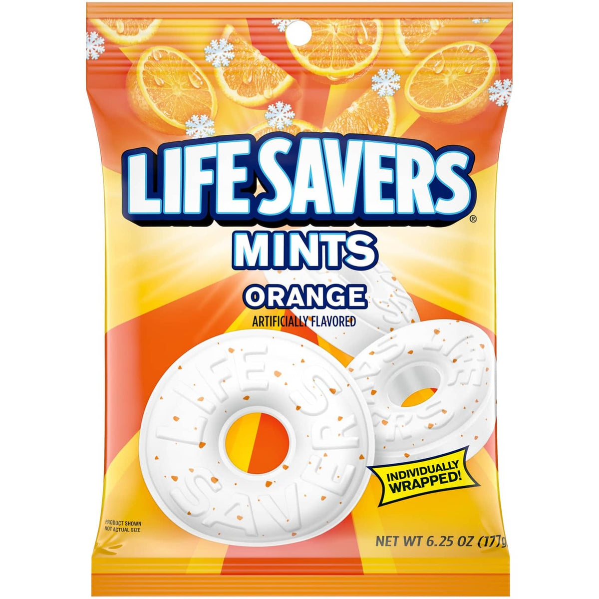 Orange-flavored mint candy bag with white donut-shaped individually wrapped mints