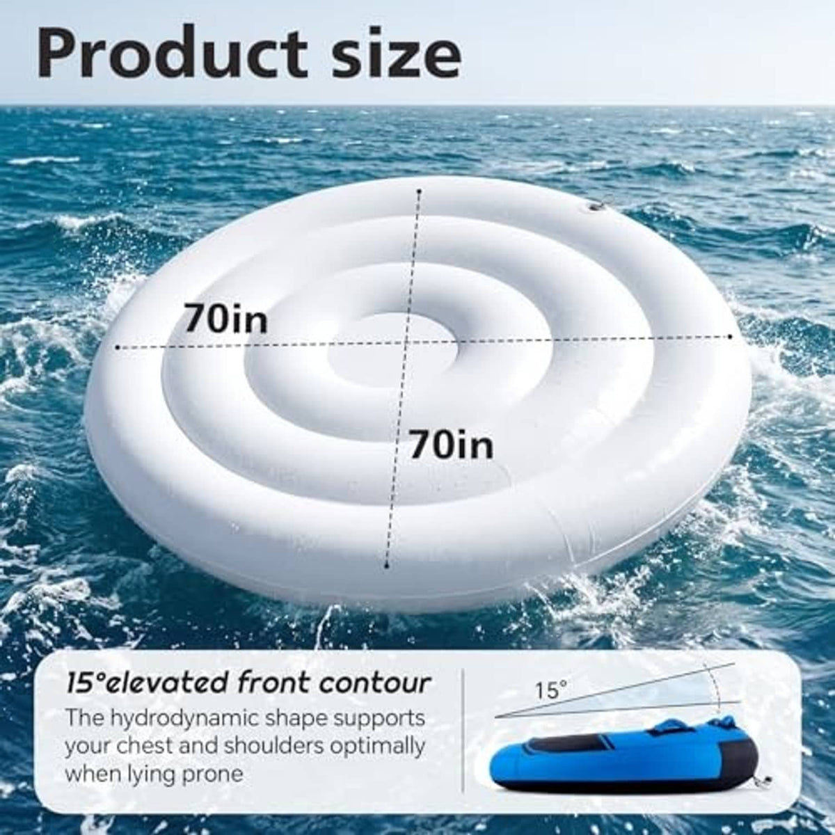 White inflatable towable boat inner tube with elevated front contour and twin chambers