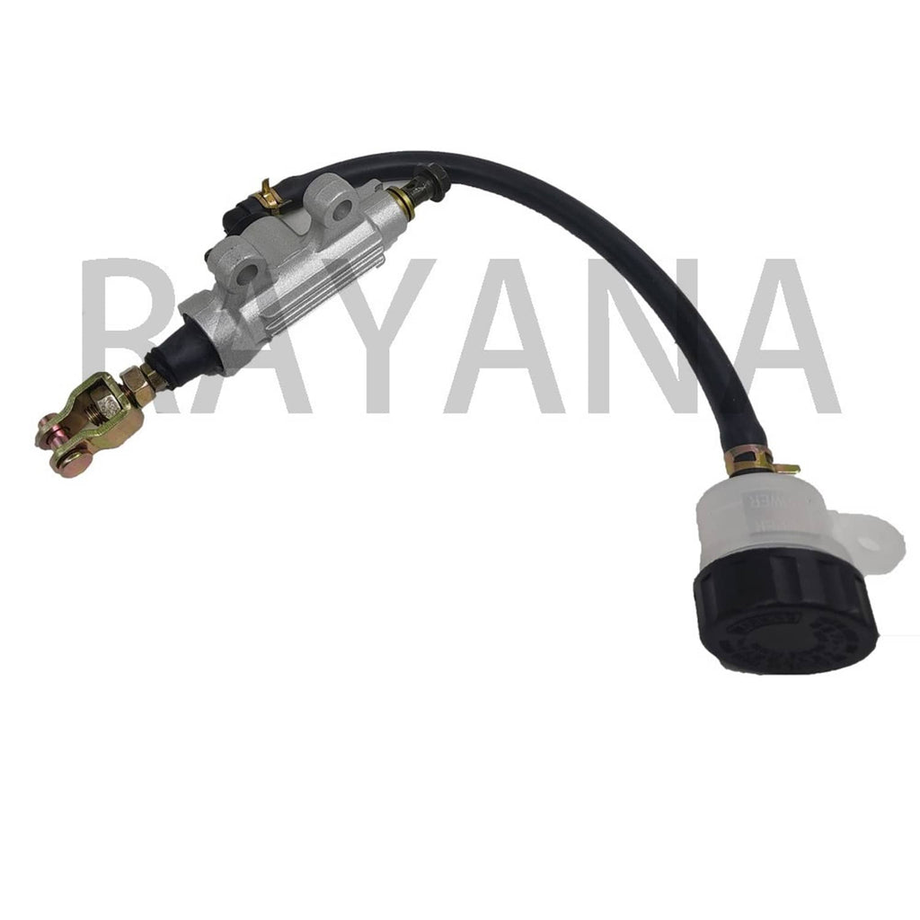 Rear brake master cylinder with black hose, silver cylinder, and white reservoir