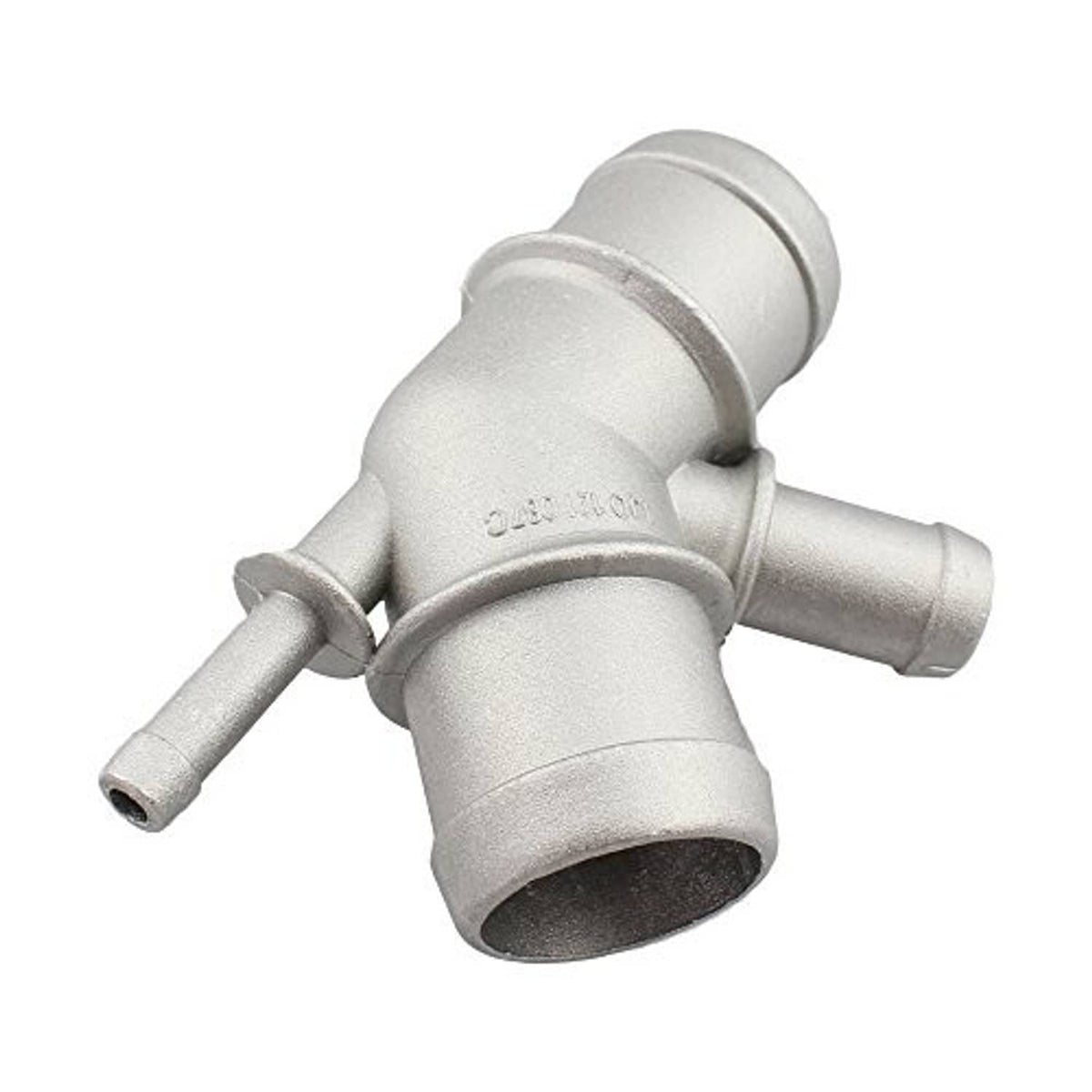 Light gray aluminum coolant distribution pipe connector with side inlet and outlet.