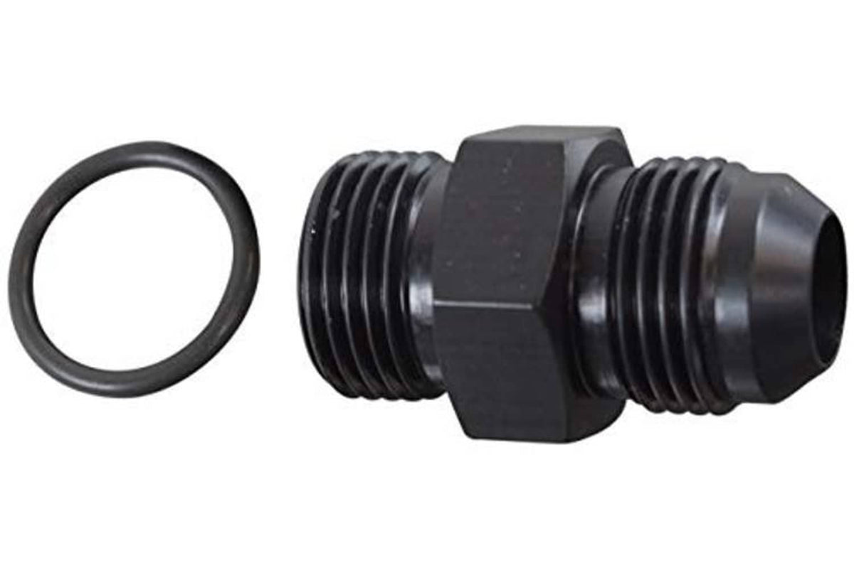 AN flare to 10 ORB male fuel pump rail adapter fitting with O-ring, black finish