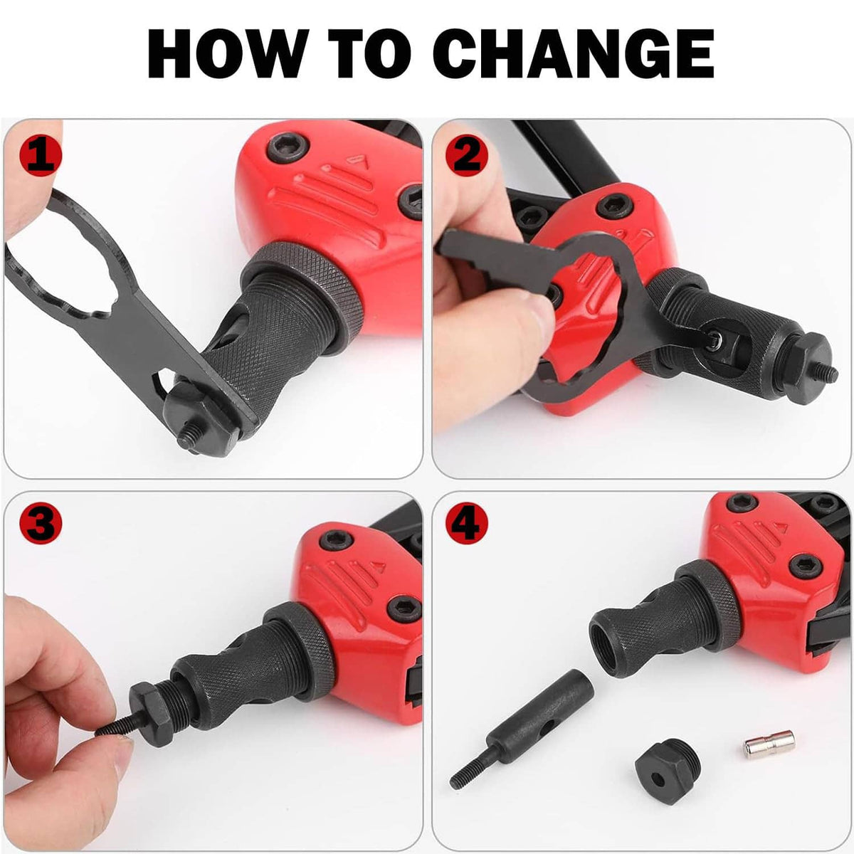 Red rivet nut tool head with black grip and removable mandrel parts for changing
