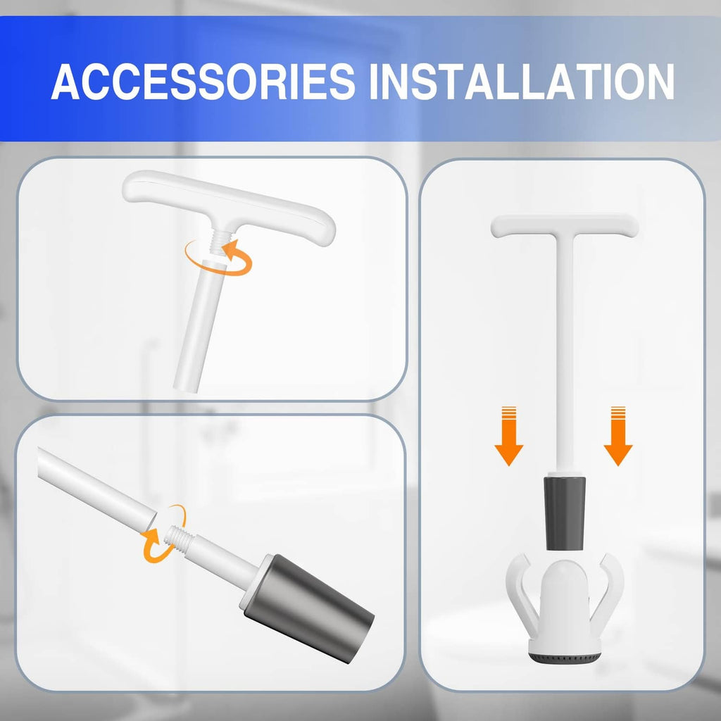 White toilet plunger parts with gray rubber cup and holder installation components