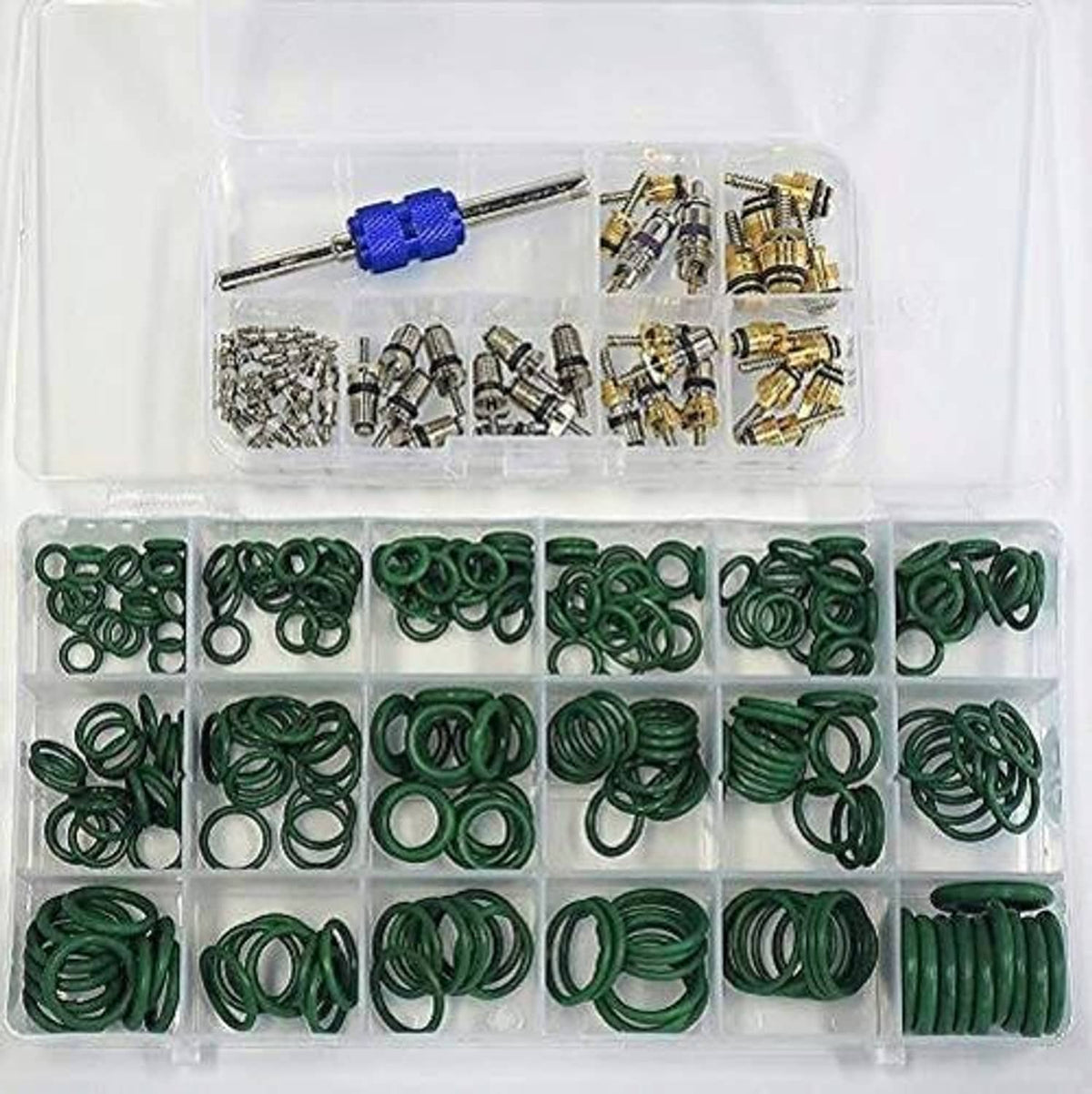 Car A/C repair kit case with blue dual-end tool, mixed valve cores and green O-rings