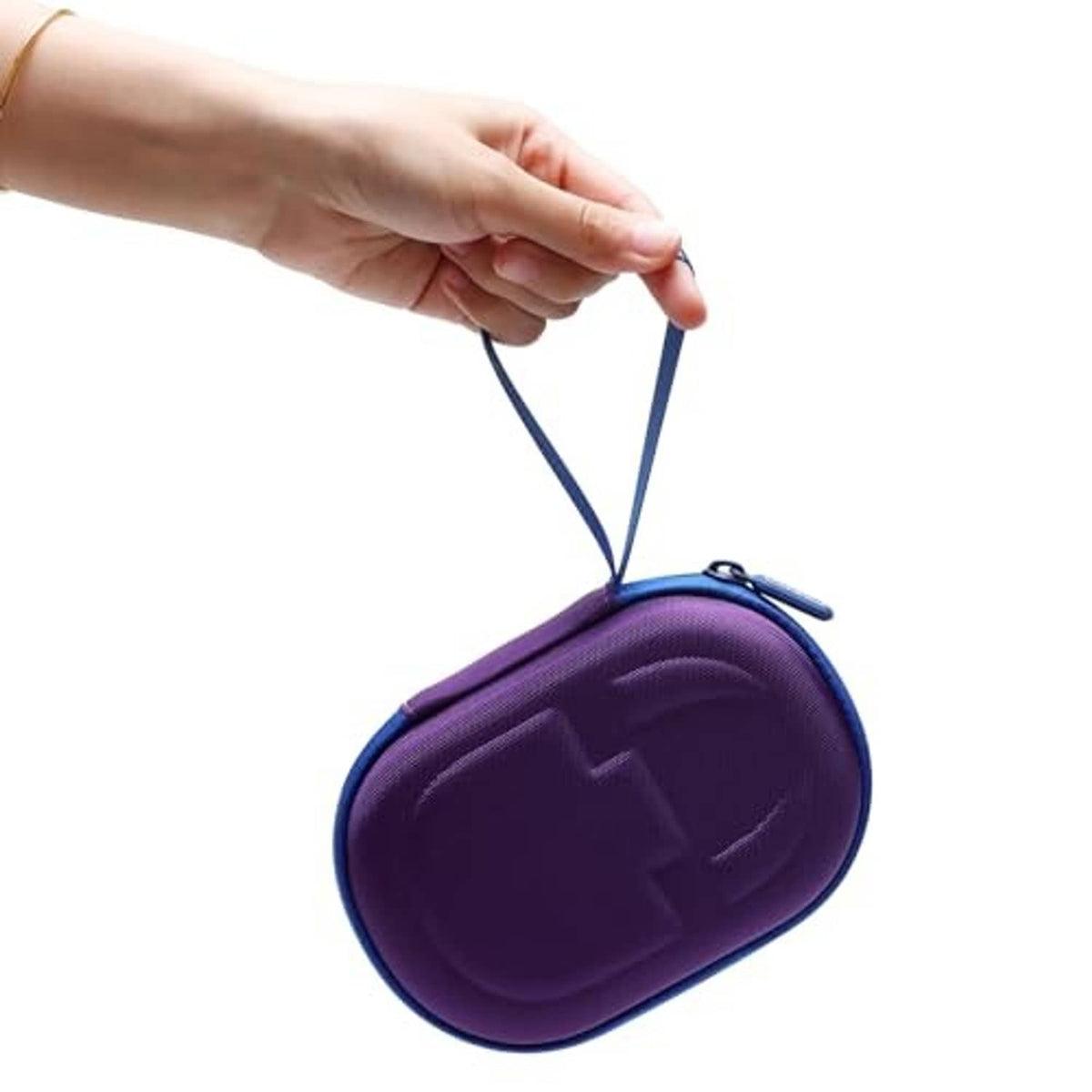 Purple speaker case held by hand with blue wrist strap