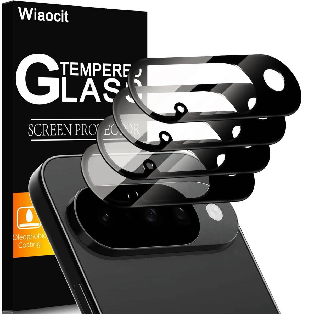4-pack black tempered glass camera lens protectors with precut curved film pieces