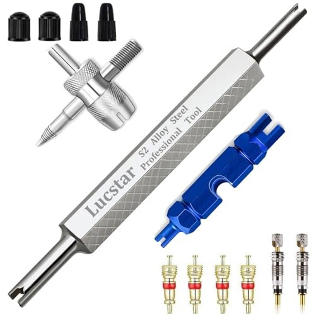 Valve core removal tool kit with alloy core tool, blue handle, and four valve caps
