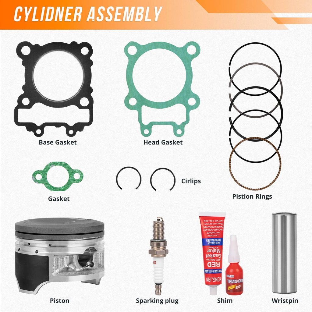 Cylinder assembly diagram showing base gasket, head gasket, circlips, piston rings, piston