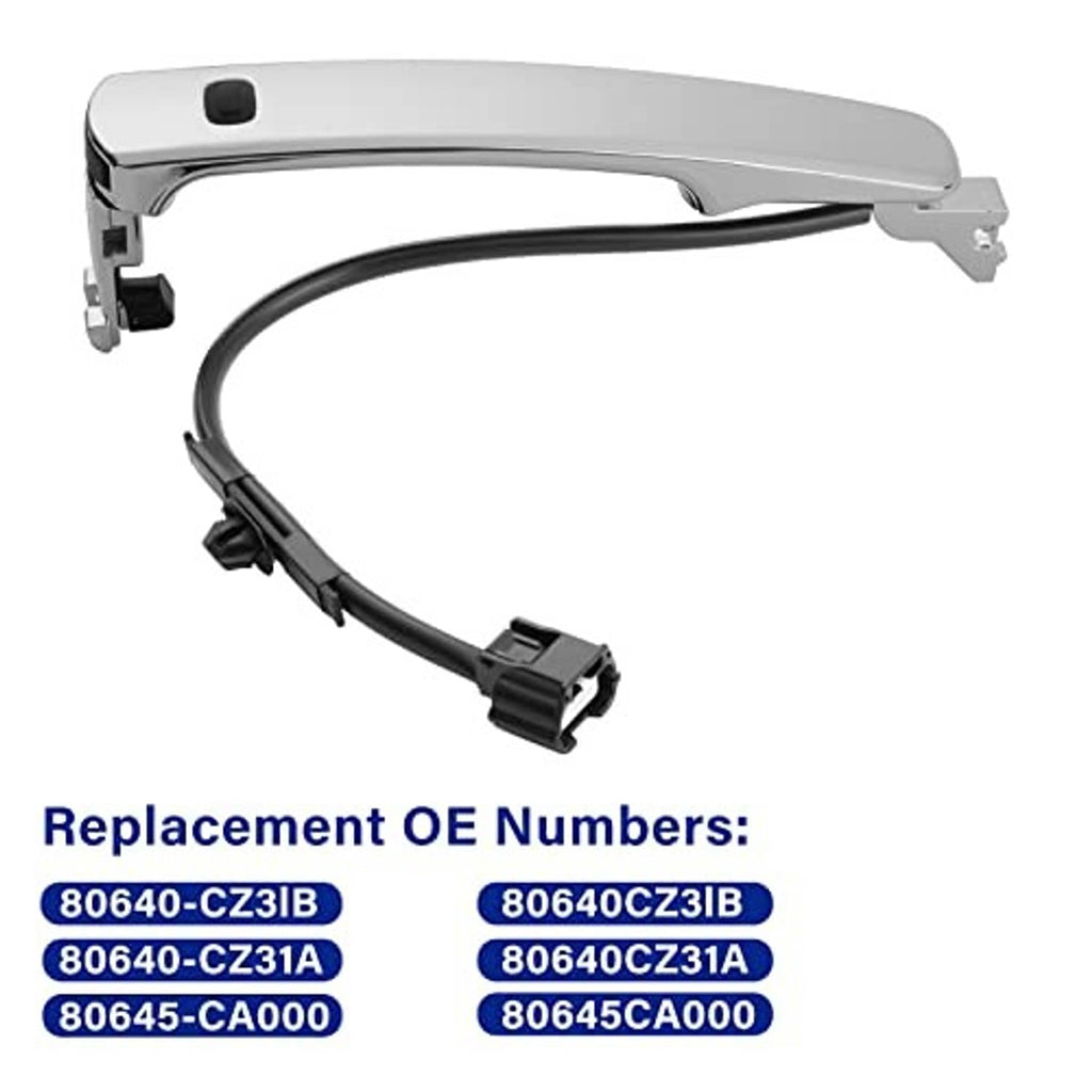 Chrome exterior door handle with black wiring harness, arched top and keyless slot