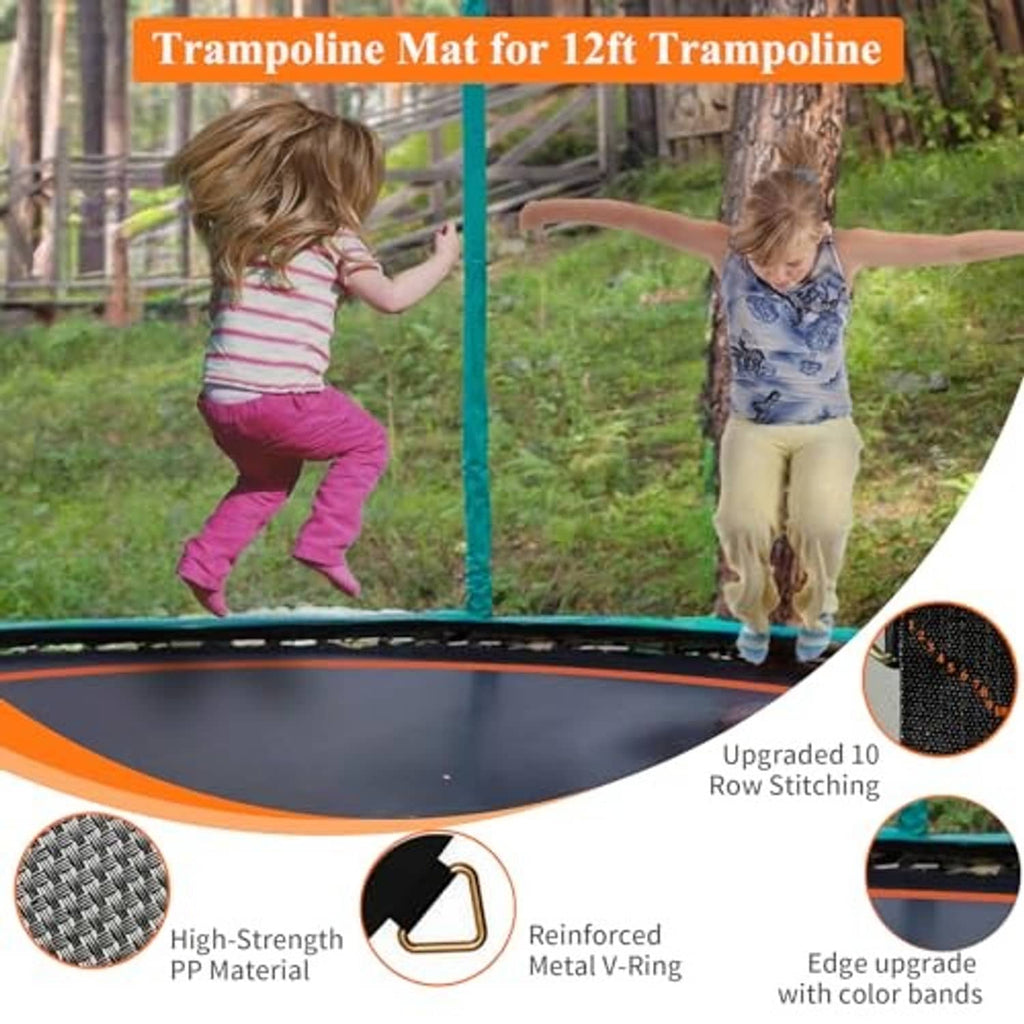 12ft trampoline mat, black with orange edge; reinforced stitching and V-ring details.