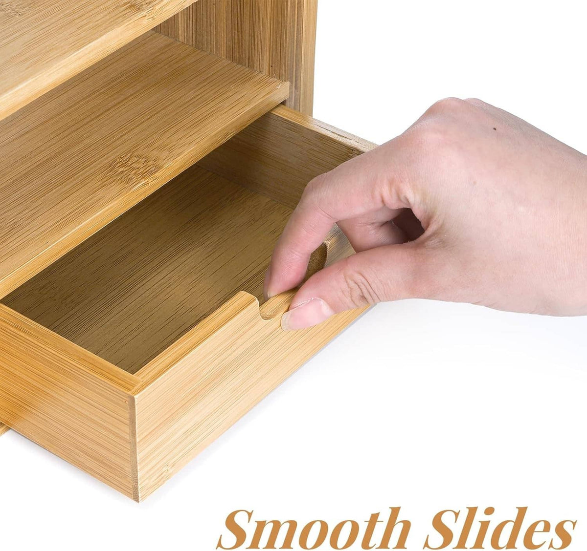 Close-up of hand adjusting a bamboo drawer slide on a desktop bookshelf