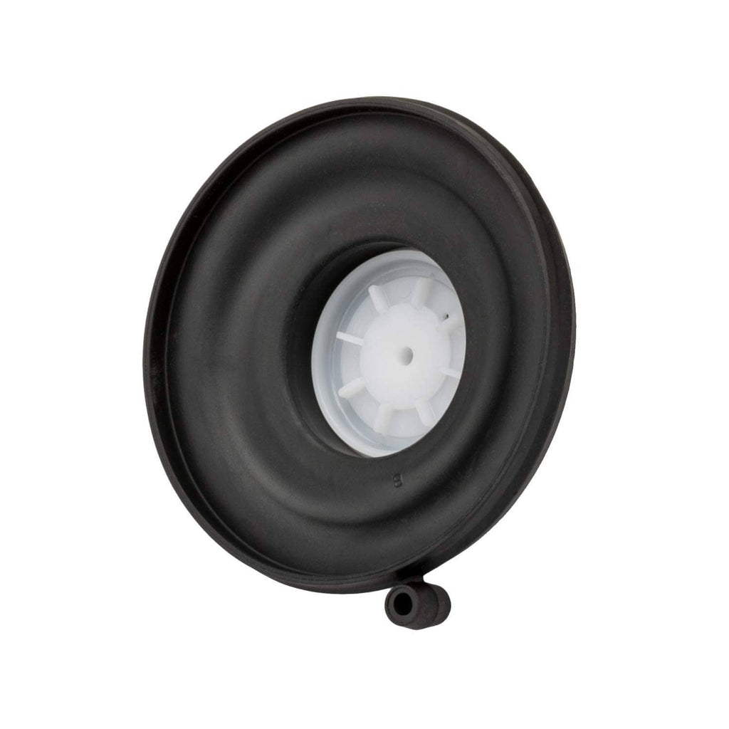 Black irrigation valve diaphragm with white center disc and small side nipple