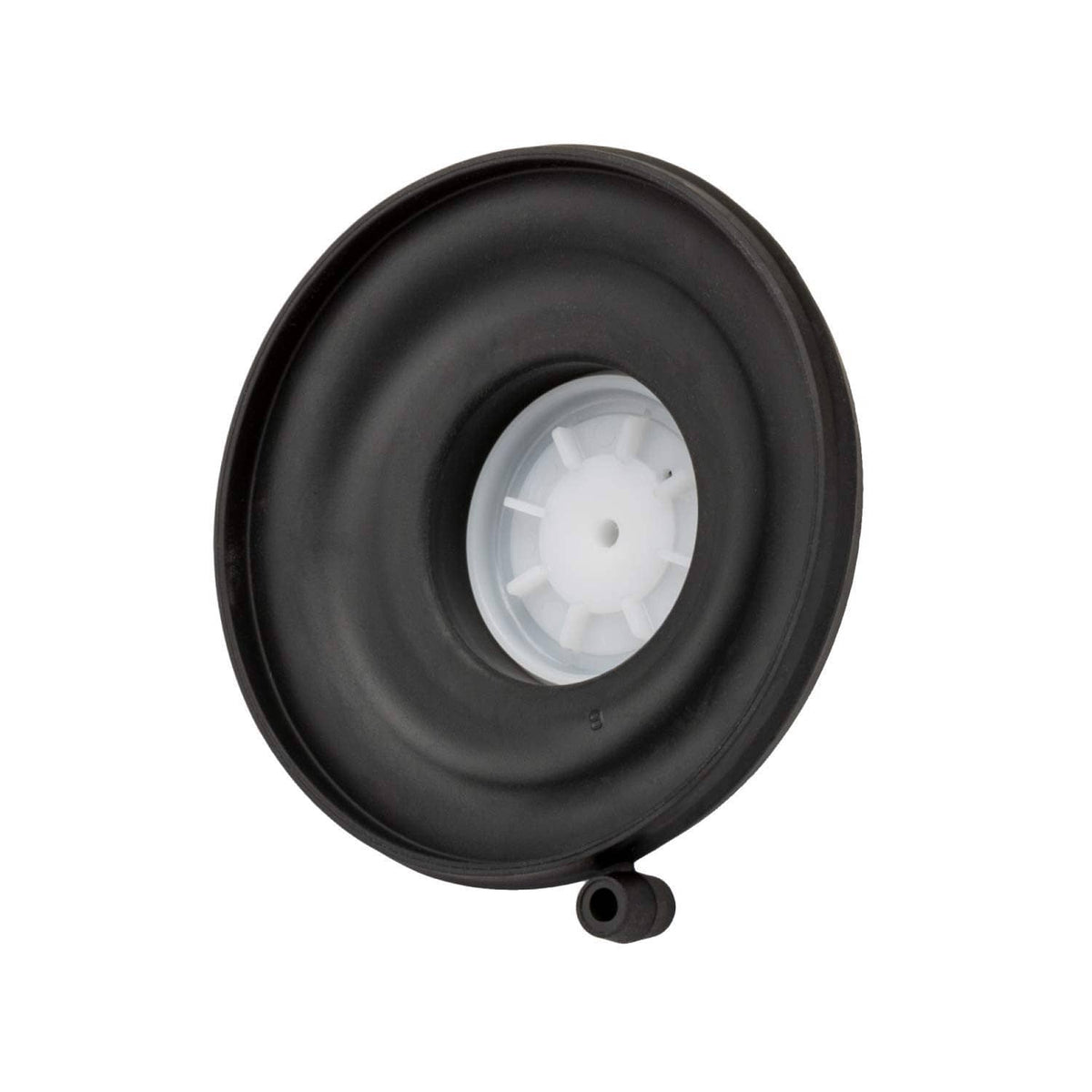 Black irrigation valve diaphragm with white center disc and small side nipple