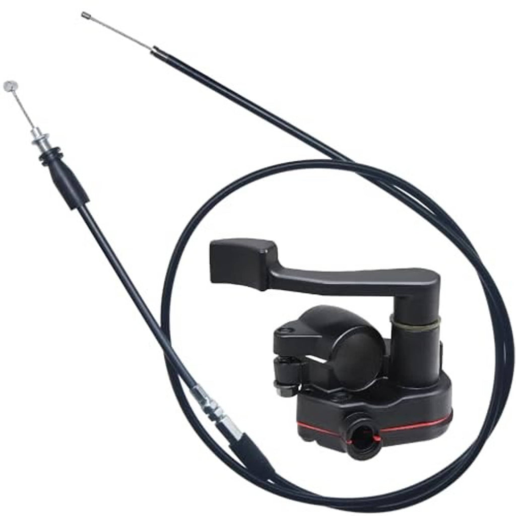 Black thumb throttle cable handle assembly with lever and dual cable ends