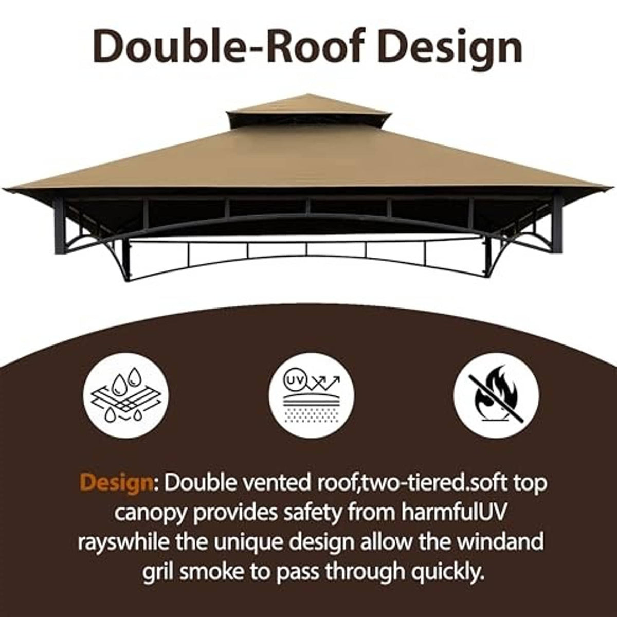 Khaki double-roof gazebo canopy top with two-tier vented soft-top design
