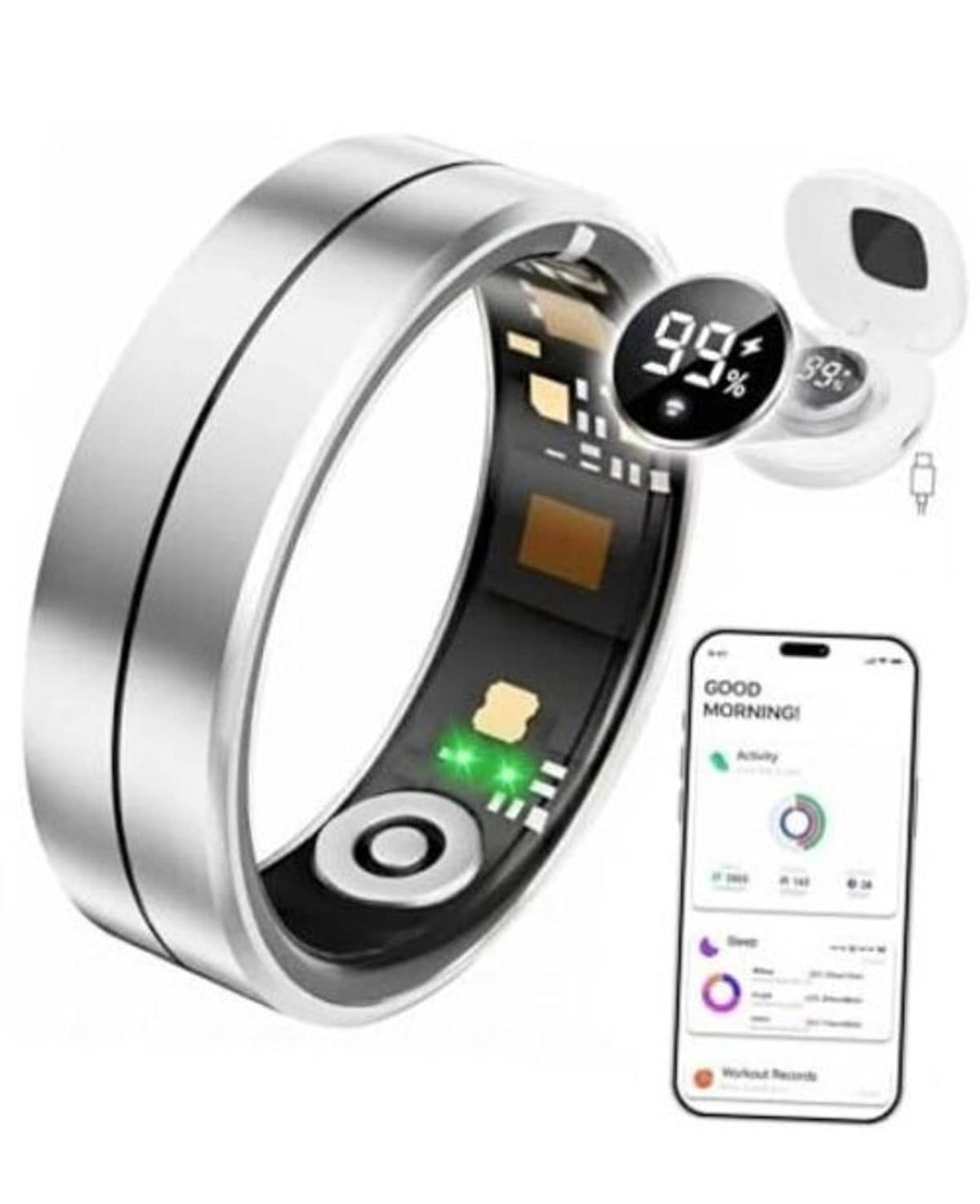 Silver smart health tracker ring with digital charging case and phone display