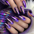 Purple chrome almond press-on nails on hand, glossy metallic purple finish