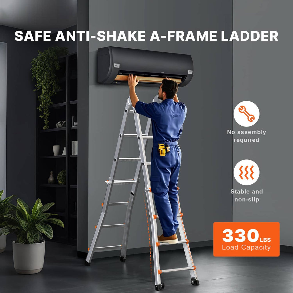 A-frame extension ladder with silver frame, orange rungs, and wide non-slip feet