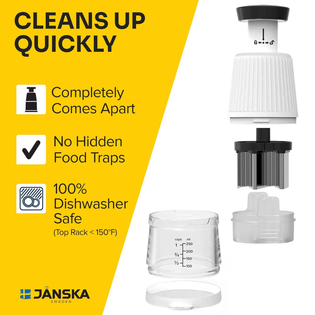 White push chopper with removable parts and measuring cup accessories shown