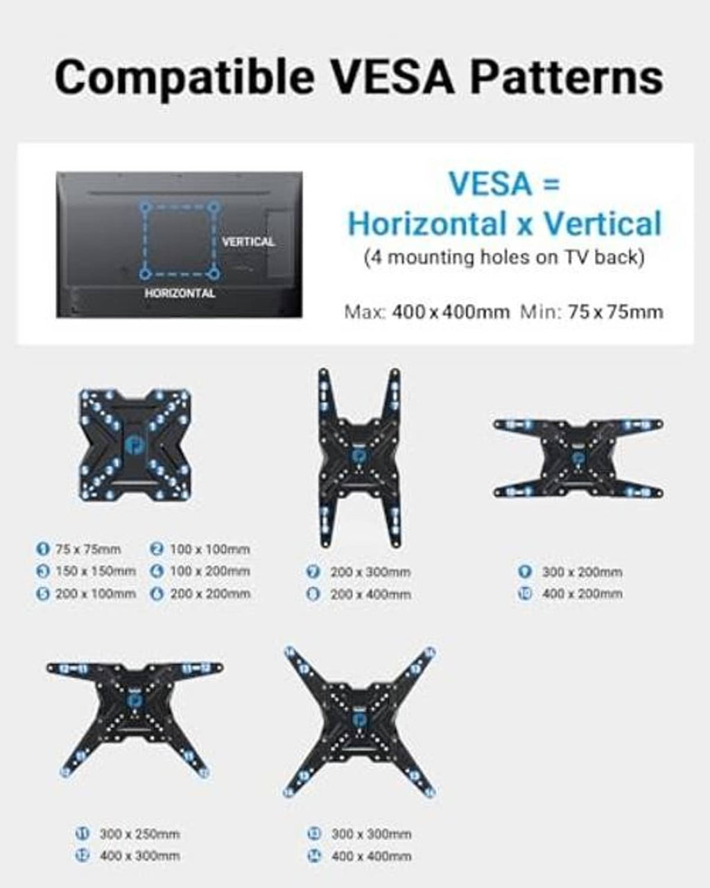Universal TV wall mount with VESA compatibility patterns diagram and mounting hole sizes